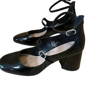 BCBG Black Patent Maxana Flare Heel Mary Jane Pump Rhinestone Retro Party 7